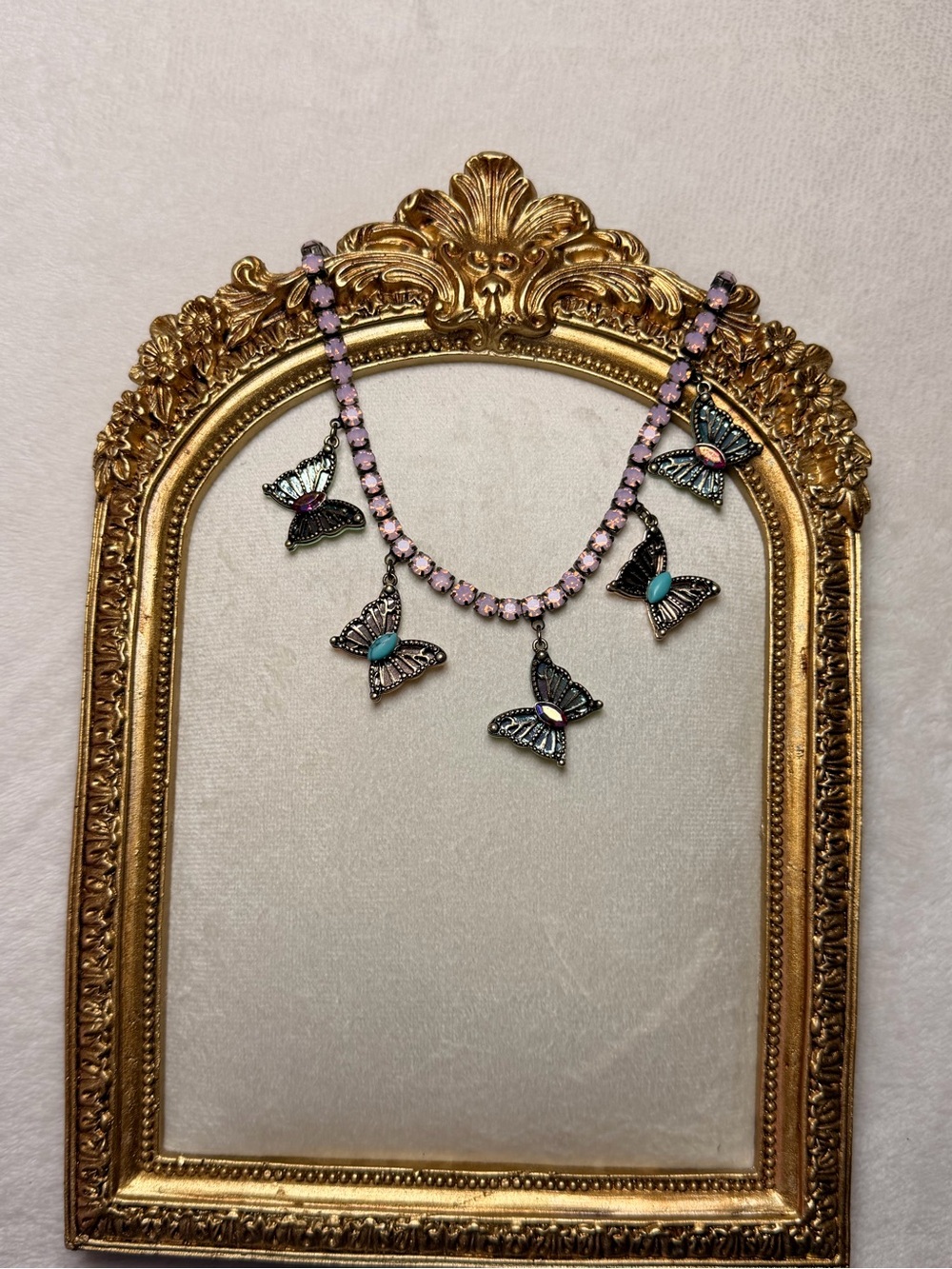 Betsey Johnson Butterfly Charm Necklace Pink Rhinestone Statement